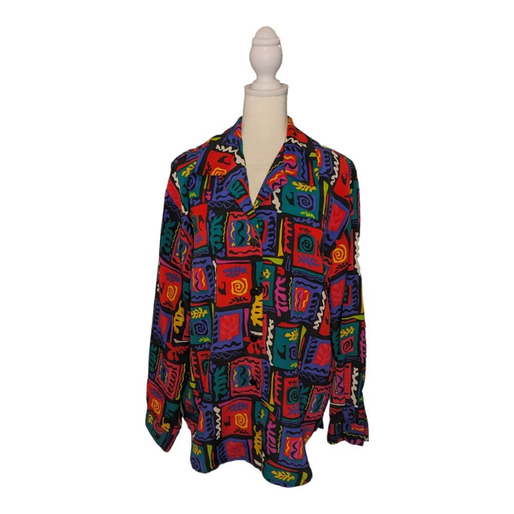 Vintage 80s Chaus Women's Button-Down Shirt Colorful Retro Colorblock Size 14